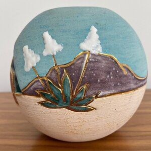 VERA RUSSELL Signed Vase Pottery Southwestern Decor Cut Out 22kt Gold Detail